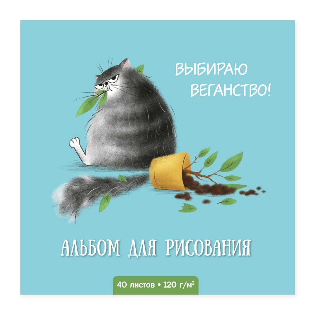 Альбом для рисования 40 л, арт. 63503 СЕРЫЙ КОТ (170х170 мм), блок — белый офсет 120 г/м², обложка — полноцветная печать, УФ-лак сплошной, клеевое скрепление с откидной крышкой/