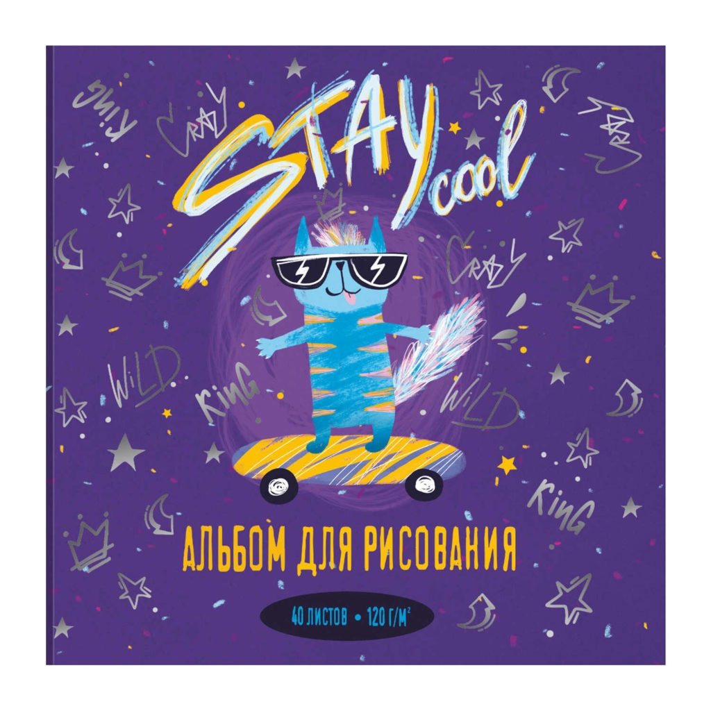Альбом для рисования 40 л, арт. 63506 КЛАССНЫЙ КОТИК (170х170 мм), блок — белый офсет 120 г/м², обложка — полноцветная печать, УФ-лак сплошной, клеевое скрепление с откидной крышкой/