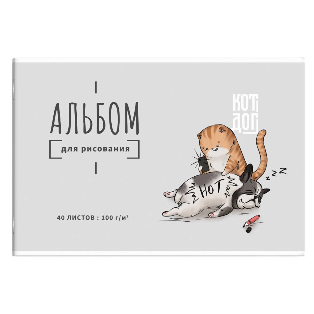 Альбом для рисования 40 л, арт. 64703 КОТ И СОБАКА /А4 блок — белый офсет 100 г/м², обложка — полноцветная печать, сплошной УФ-лак, мягкий переплёт (2 скобы)/